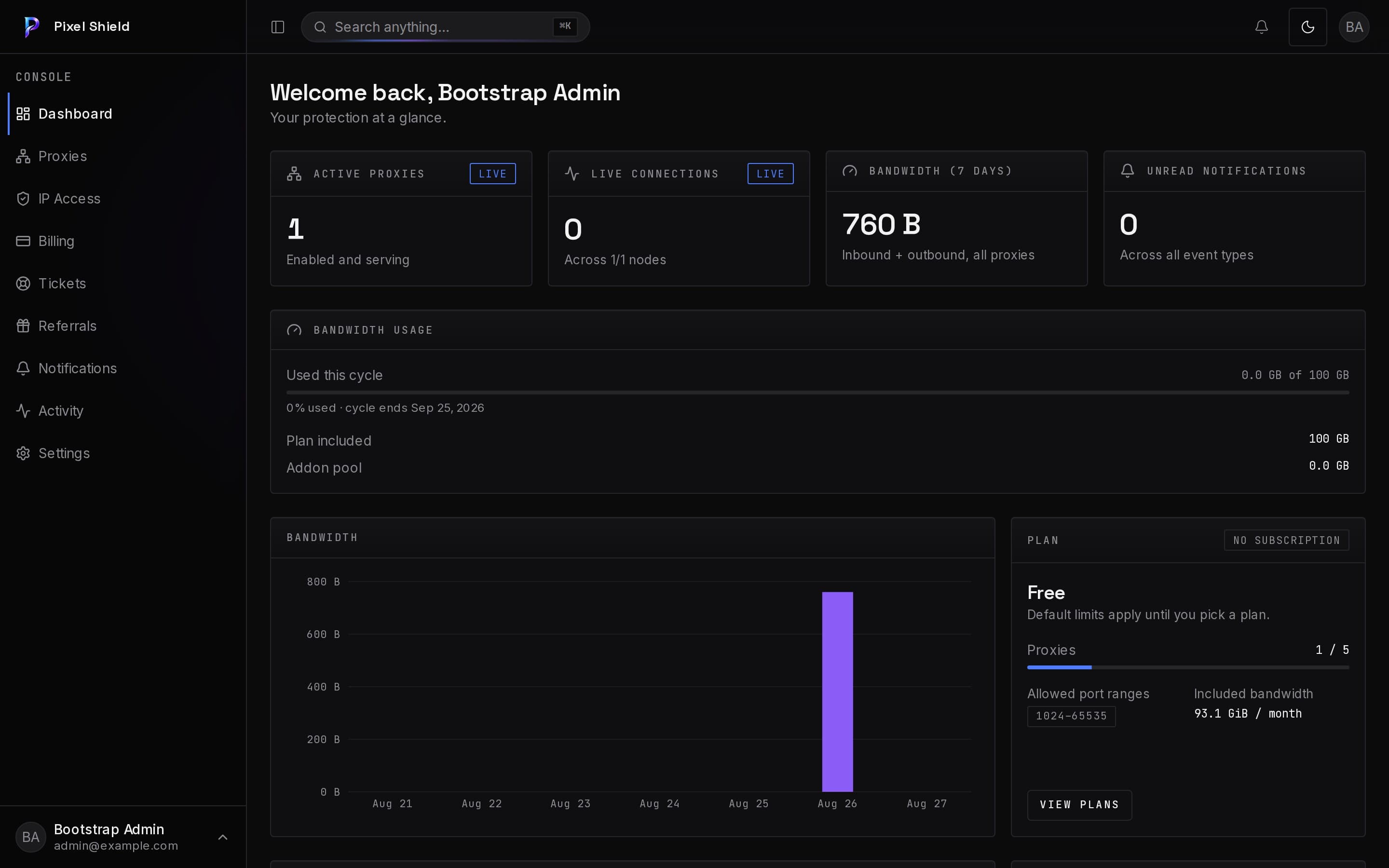The console dashboard: active proxies, live connections, bandwidth usage, and plan limits.